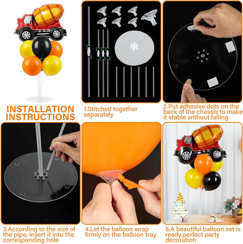 2 Sets 2 Construction Party Balloons Stand Kit with Construction Truck Foil Balloons Black Orange Yellow Party Balloon