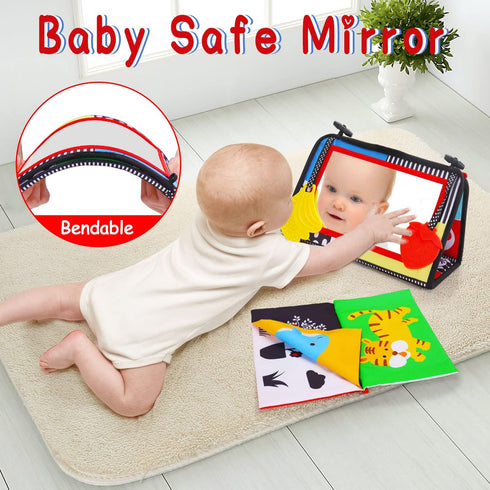 Tummy Time Baby Mirror, Infant Toys for 0-3 Months, Black and White Crawling Sensory Toy with Crinkle Book