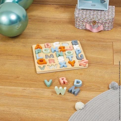 Janod - Sweet Cocoon Wooden Alphabet Learning Puzzle - Alphabet Learning - Stylish Stand-Up Letters - Enhances Language