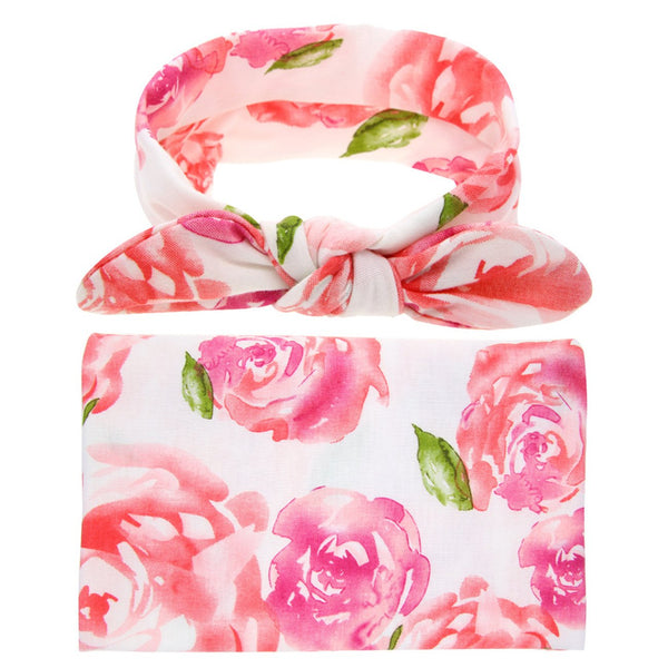 DRESHOW BQUBO Newborn Floral Receiving Blankets, Baby Swaddling with Headbands, Toddler Warm