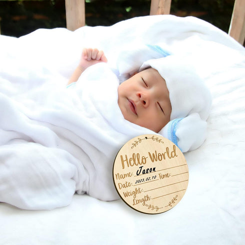 LUTER 5.9 Inch Baby Announcement Sign, Round Birth Nursery Name Signs with Ink Pad for Baby Hand and Footprints Wooden