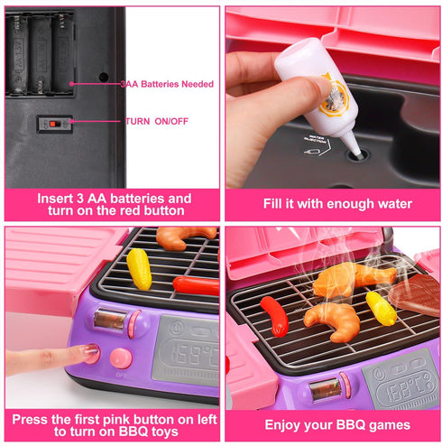 Playset 3-5 4-8 3 4 5 Kids BBQ Grill with Coooking Apron Hat Toddler Girl Pink Kitchen Toy Ages Pretend Smoke Sound