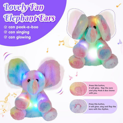 12'' Glow Guards Light up Peek-a-Boo Elephant Stuffed Animal Musical Rainbow Elephant Singing Stuffed Animal Electric