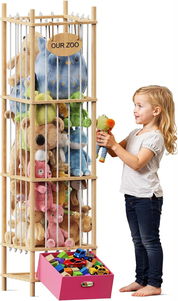 Brelley Stuffed Animal Storage Zoo Wood Toy Storage Organizer with Drawer, Large