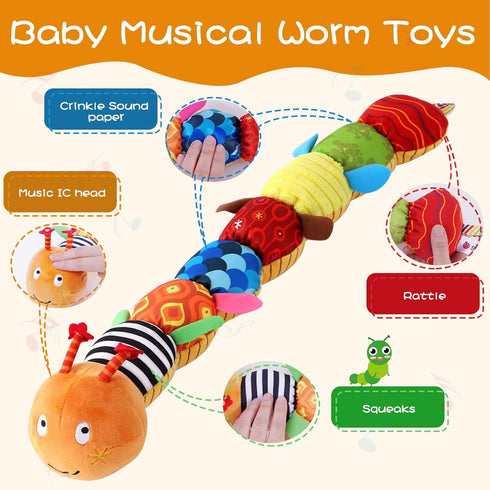 Baby Musical Worm Soft Infant Toy, 6 Different Sensory Stuffed Animals for Newborn Toy Tummy Time Gifts