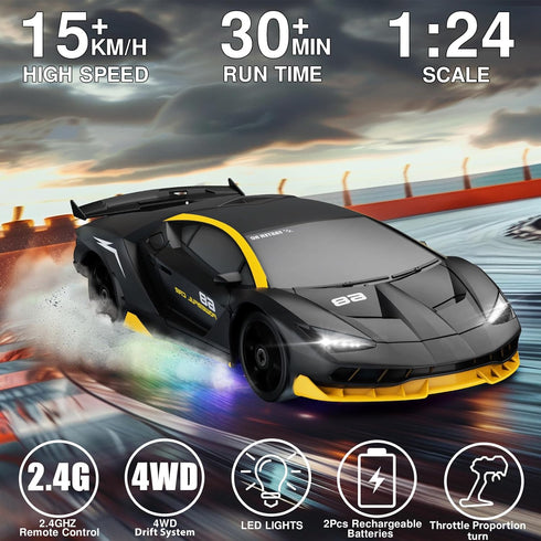 2.4GHz 1:24 4WD 15KM/H 2Pcs Remote Control Car RC Drift Car High Speed Racing Sport Car with LED Lights Drifting Tire