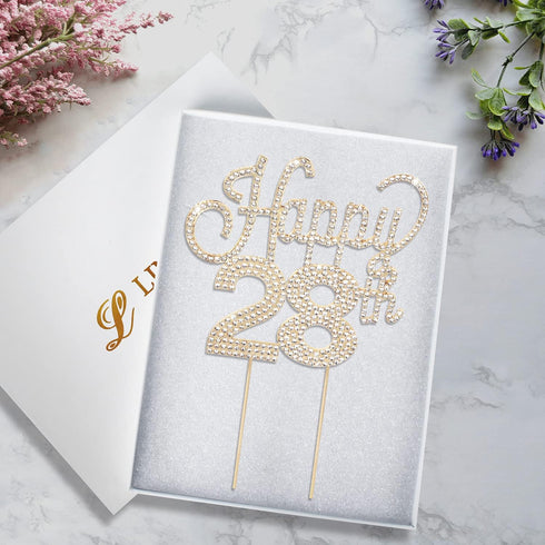 LINGTEER Happy 28th Birthday Gold Rhinestone Cake Topper - Cheers to 28th Birthday Anniversary Party Centerpieces