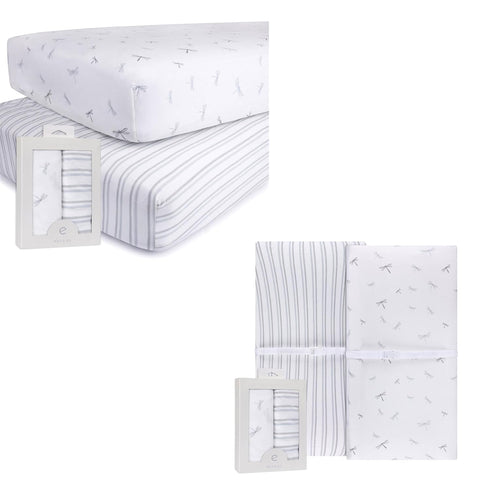Changing Pad Cover and Crib Sheet Set Bundle (Blue Dragonflies + Stripes
