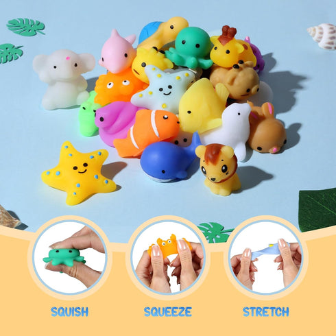 50pcs Sea & Safari Squishy Toys Collectible Mochi Fidget Toys in Blind Bags | Sea & Land Animal Shapes | Storage Tote