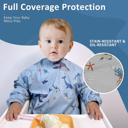Waterproof Long Sleeve Bibs for Toddlers - Smock with Food Catcher Pocket for Easy Feeding