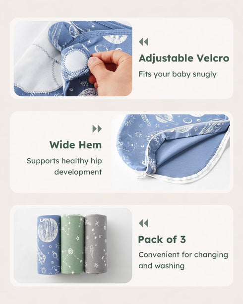 100% 3 Pack 3-6 Unnivoll Baby Swaddles for Newborns with Zipper, Cotton Newborn Swaddle Sack, Baby Swaddles Months