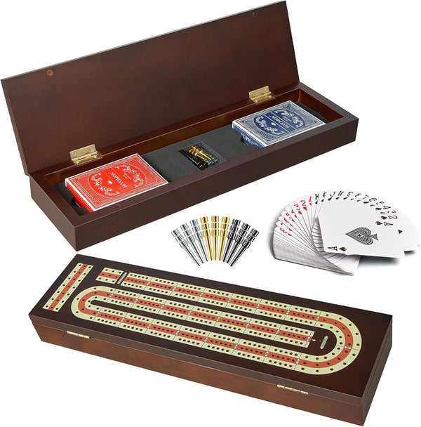 BIVOMON Cribbage Board Game Set Continuous 3 Track Wooden Board with Magnetic