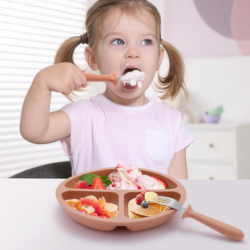 Silicone Baby Feeding Set, 2 Pack Divided Suction Plates, Spoons and Forks for Toddler Utensils, BPA Free