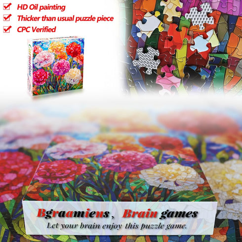 Bgraamiens 1000 Pieces Carnation Stained Glass Puzzle for Adults, Blooming Flowers Art Challenge