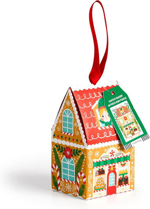Mudpuppy Santa's Bakery – 48 Piece House Shaped Puzzle Ornament with A Colorful Illustration of A Festive Bakery