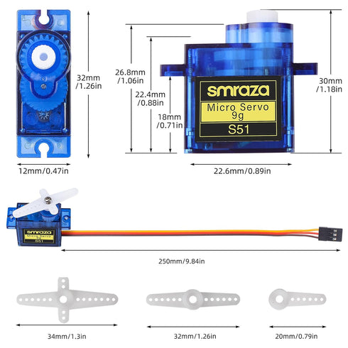 10 Pcs SG90 9G Micro Servo Motor Kit for RC Control - Robot Arm/Hand, Helicopter, Airplane, Car, Boat with Cable