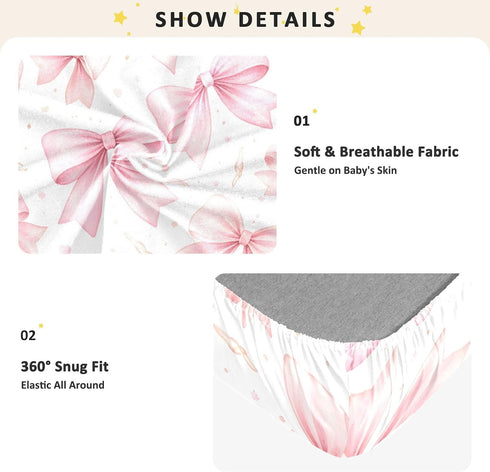 CZXW 52" 28" Watercolor Bows Pink Crib Sheets Fitted x Natural Cotton Soft & Breathable for Baby Crib Mattress