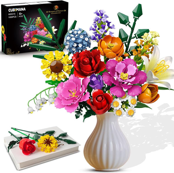 CUBIMANA Flower Bouquet Building Set, 1043 PCS Bouquet Botanicals Collection for Mom