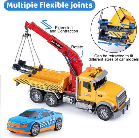haomsj Big Tow Trucks Toy with Hook and Car for Boys, Pull Back Truck Toys with Light and Sound (1:18 Plastic)
