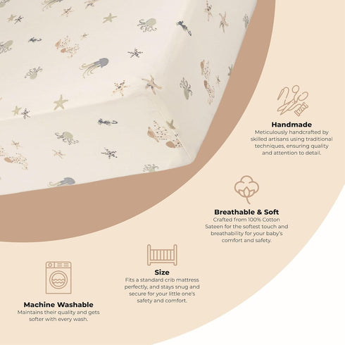 100% 28" 52" Crane Baby Cotton Under The Sea Fitted Crib Sheet with Jellyfish Design, Neutral Crib Sheets, Fitted