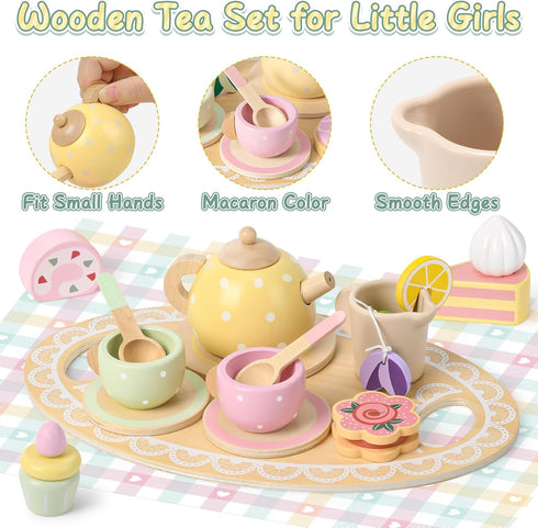 Set Set 2 3 4 5 6 3-6 Lonico Wooden Tea Party for Little Girls Toddler Tea with Cupcake Stand & Food Dessert, Play