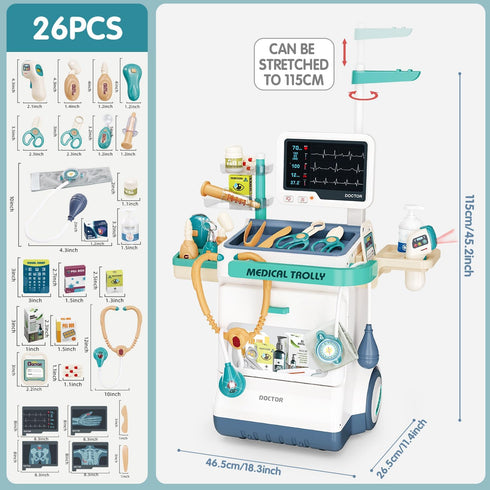 Sotodik 26 Set 3 Doctor Kit for Kids Accessories Pretend Medical Station for Boys & Girls Mobile Cart with Stethoscope