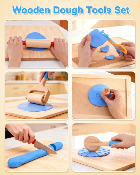 26 36 Wooden Dough Tools Kit for Kids, Dough Accessories with Rolling Pins, Pizza Cutter, Safety Scissors & Letter