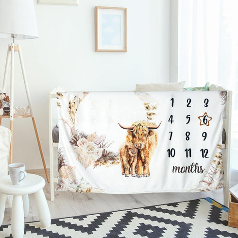 Boho Floral Baby Monthly Milestone Blanket, Neutral Bohemian Photo Prop Blanket, Personalized Highland Cow Baby Present