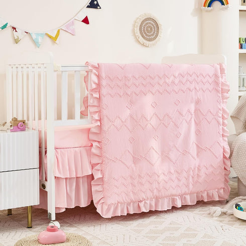 3-Piece Set Set Tufted Ruffle Crib Bedding for Girls - Ultra Soft Baby Bedding Includes Boho Crib Comforter, Sheet