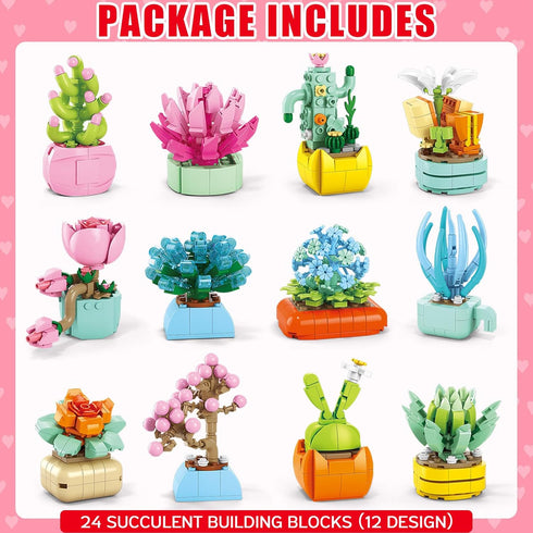 Qinline 24 Pack 6-12, Easter Gifts for Kids Succulents Flower Bouquets Building Blocks with Gift Cards for School, Boy