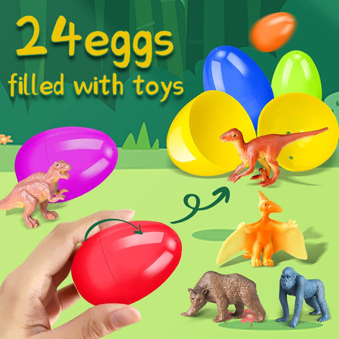 24 Pack OCHIDO Prefilled Easter Egg With Animal Dinosaur Toy, Easter Basket Essentials Easter Basket Stuffers for Kids