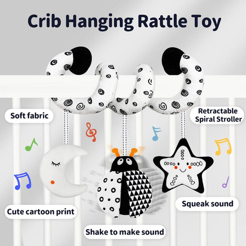 Car Seat Toys for Babies 0-6 Months, Hanging Rattle Toys for Crib Mobile, Baby Spiral Hanging Stroller Black and White High Contrast Baby Toys for Newborn 0 3 6 9 12 Months Baby Boys Girls-Bug