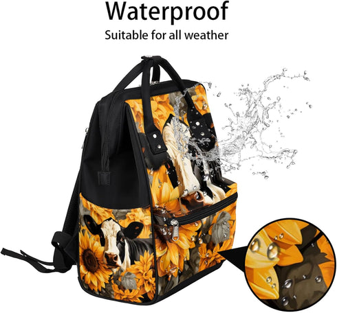 Hsnar Backpack Cow Sunflowers Waterproof Diaper Bag Large Capacity Baby Bag with Stroller Straps, Multi-Pocket Diaper