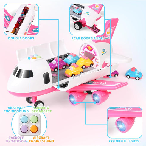 6 3 4 5 6 7 Dwi Dowellin Pink Airplane Toy with Truck Cars and Play Mat,Plane with Lights and Sounds for Years Old