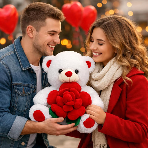 16 inches BEJOY Teddy Bear Stuffed Animals Plush Bear Holding Rose Soft Plush Toy Gifts White