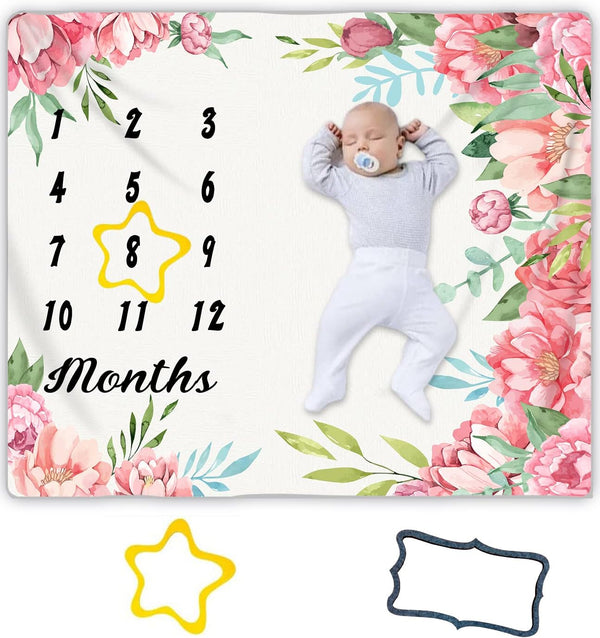 Baby Milestone Blanket, Floral Print Large Blanket for Girls and Boys, Newborn Photography, 48x40inch BTZZME178