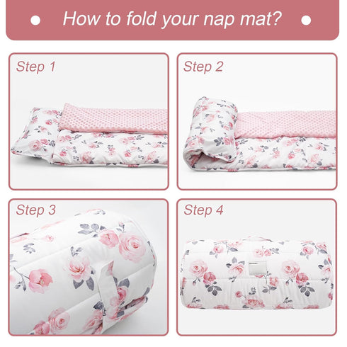 PHF Toddler Nap Mat, Floral Rollup Design with Removable Pillow & Minky Fleece Blanket, 50"x20"x2" for Kids