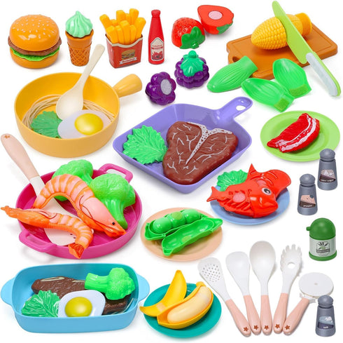 CUTE STONE Kids Play Kitchen Toy Accessories, Toddler Pretend Cooking Playset with Cookware, Utensils, Food for Cutting