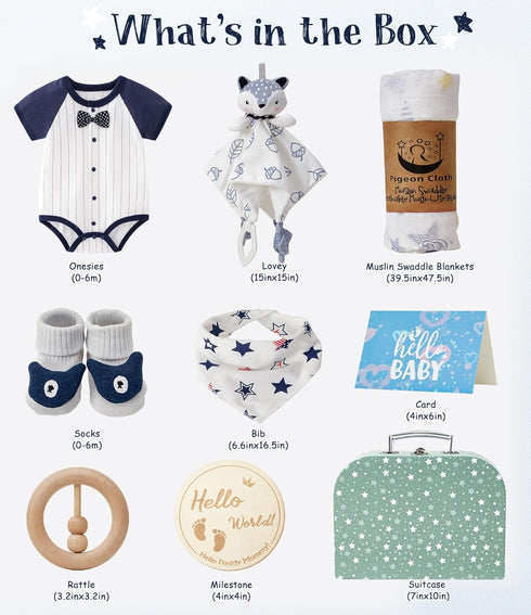 9pcs Set 0-6 Golray Baby Boy Gifts for Baby Shower, Newborn Essential with Fox Lovey/Blanket/Onesie/Wooden