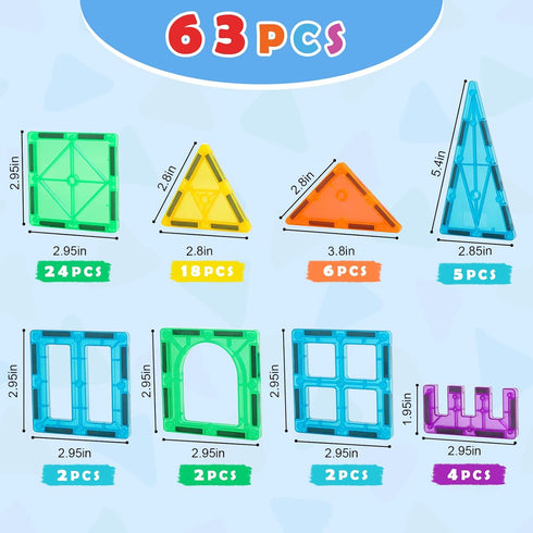 Gemmicc Magnetic Tiles Building Blocks - STEM Approved Educational Toys, 63 PCS Classic Set for Kids