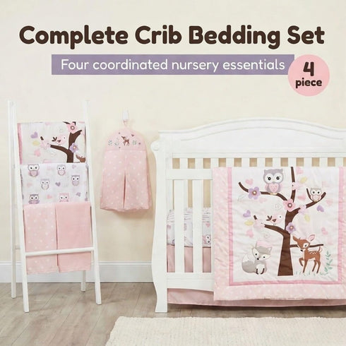 4 Set 100% Set Set EVERYDAY KIDS Piece Girls Crib Bedding - Owls - Soft Cotton Percale - Includes Quilt, Fitted Sheet