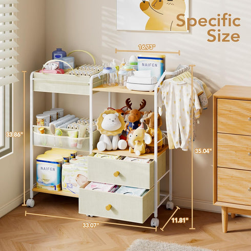 3 BBLIKE Diaper Caddy Organizer with Hanging Rack - Tier Rolling Baby Storage Cart with Drawers and Side Pockets
