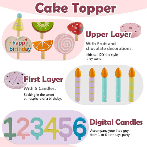 Sets, Playset 3 4 5 HERSITY Wooden Birthday Cake Toy Play Food Pretend Baking Kitchen for Toddlers, Afternoon Tea Party