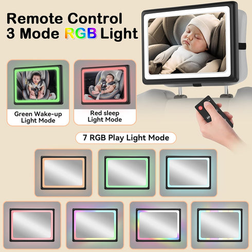 360 Baby Car Mirror with Light - Remote Control, Adjustable, Shatter Resistant Car Seat Mirror - Clear Night Vision