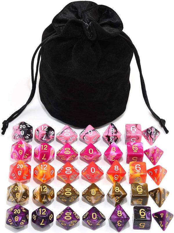 Assorted 5 Colors Polyhedral Dice Set for Dungeons and Dragons RPG Table Games, Black Drawstring Pouch