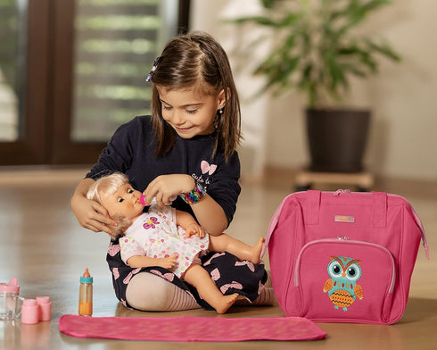 HappyVk Baby Doll Diaper Bag with Doll Changing Pad - Handbag for Girls, Owl Embroidery