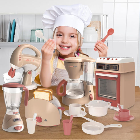 Yalujumb Set 3-5 4-6 6-8 (5 Play Kitchen Toys, Pretend Play Kitchen Appliances Toy with Coffee Maker, Mixer, Toaster
