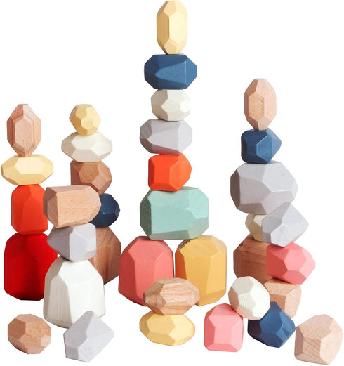 BESTAMTOY 36 PCS Wooden Sorting Stacking Rocks | Sensory Toddler Montessori Toys for Kids 3-6 Years