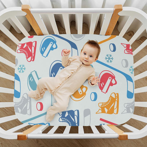 Sports Hockey Fitted Crib Sheet for Boys and Girls, 52 X 28 in, Mini Crib Sheets