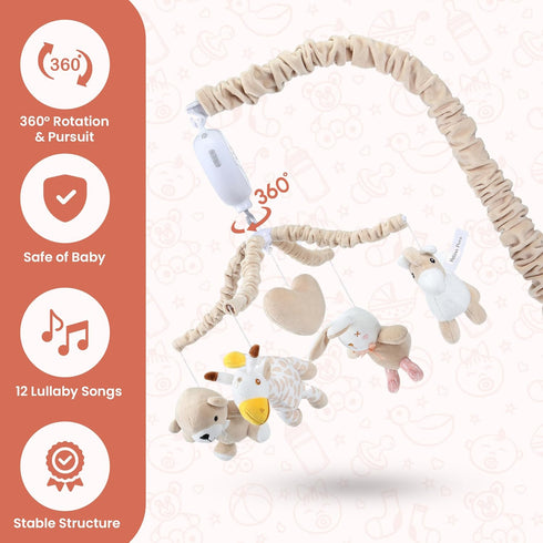 12 Musical Crib Mobile with Lullabies, Rotating Arm and Detachable Plush Toys, Unisex Clip On Mobile for Standard